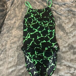 Speedo Endurance+ Womens Black Lime Green Wrack It Up Flyback Swimsuit 12/38